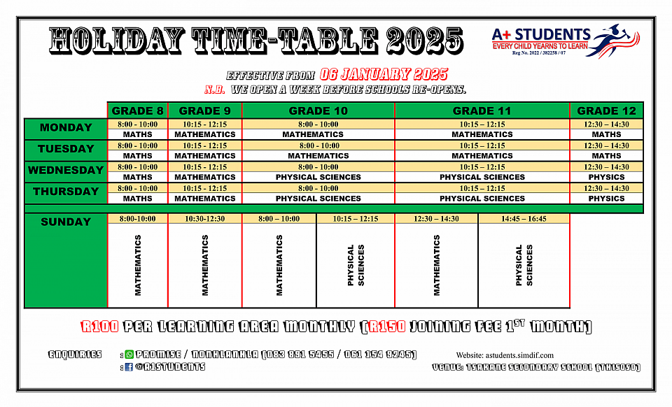 Holiday Time-Table